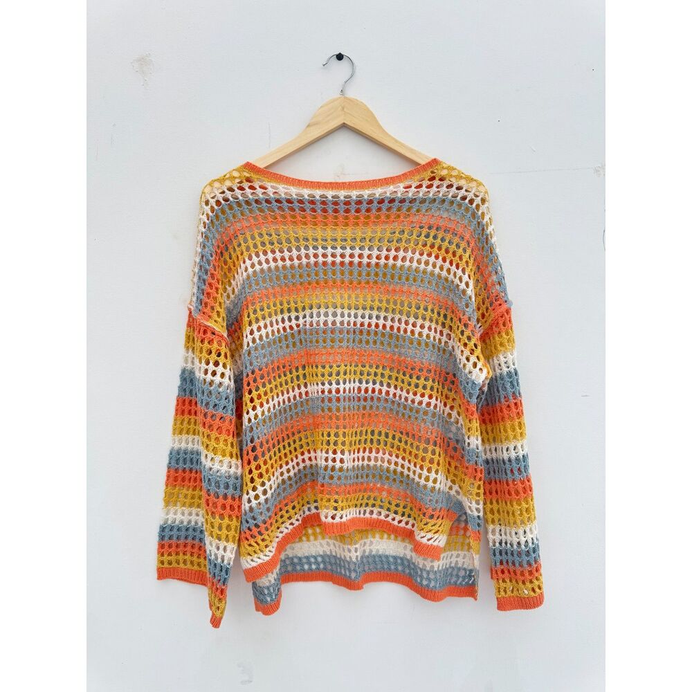 Striped Open Weave Crochet Sweater Oversized Boho Multicolor